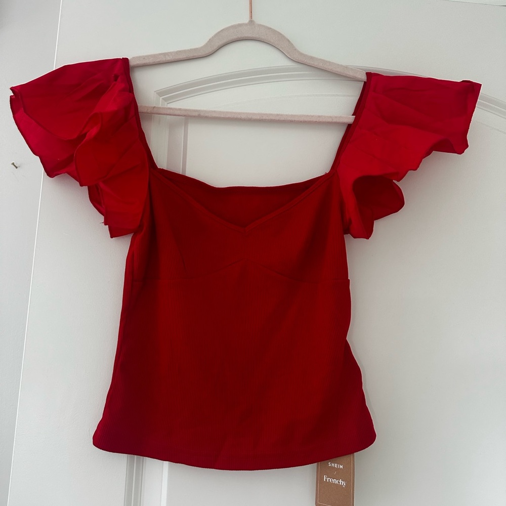 SHEIN Red Ruffled Cap Sleeve Blouse